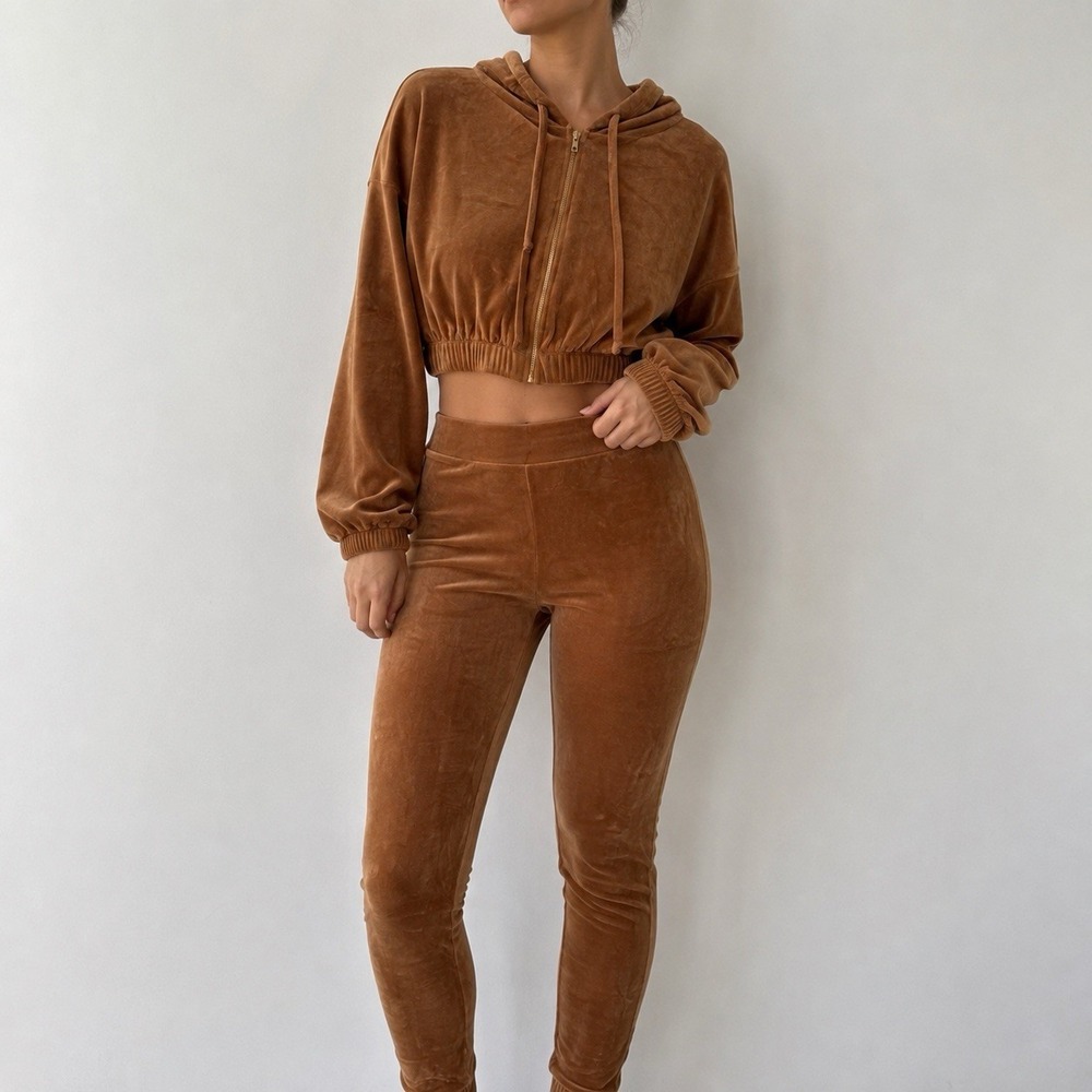 Forever 21 Brown Velour Sweatsuit Cropped Hoodie Pants 2 Piece Track Set Y2K M